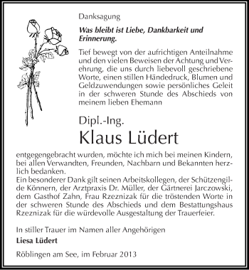 Traueranzeige von Klaus Lüdert von Mitteldeutsche Zeitung Mansfelder Land