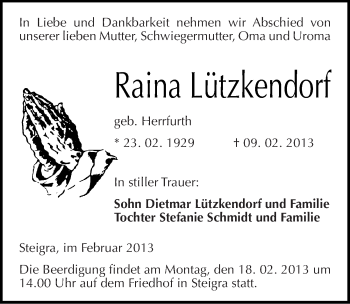 Traueranzeige von Raina Lützkendorf von Mitteldeutsche Zeitung Merseburg/Querfurt