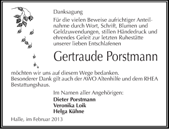 Traueranzeige von Gertraude Porstmann von Mitteldeutsche Zeitung Halle/Saalkreis