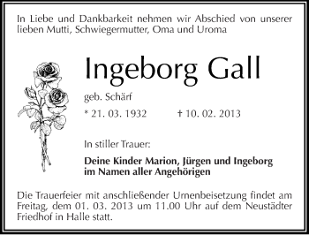 Traueranzeige von Ingeborg Gall von Mitteldeutsche Zeitung Halle/Saalkreis