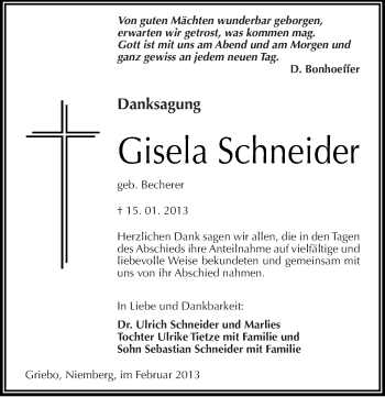 Traueranzeige von Gisela Schneider von Mitteldeutsche Zeitung Wittenberg