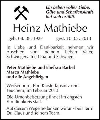 Traueranzeige von Heinz Mathiebe von Mitteldeutsche Zeitung Weißenfels