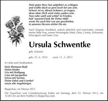 Traueranzeige von Ursula Schwentke von Mitteldeutsche Zeitung Köthen