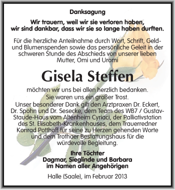 Traueranzeige von Gisela Steffen von Mitteldeutsche Zeitung Halle/Saalkreis