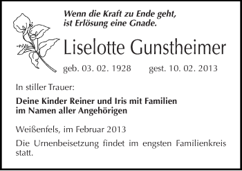 Traueranzeige von Liselotte Gunstheimer von Mitteldeutsche Zeitung Weißenfels
