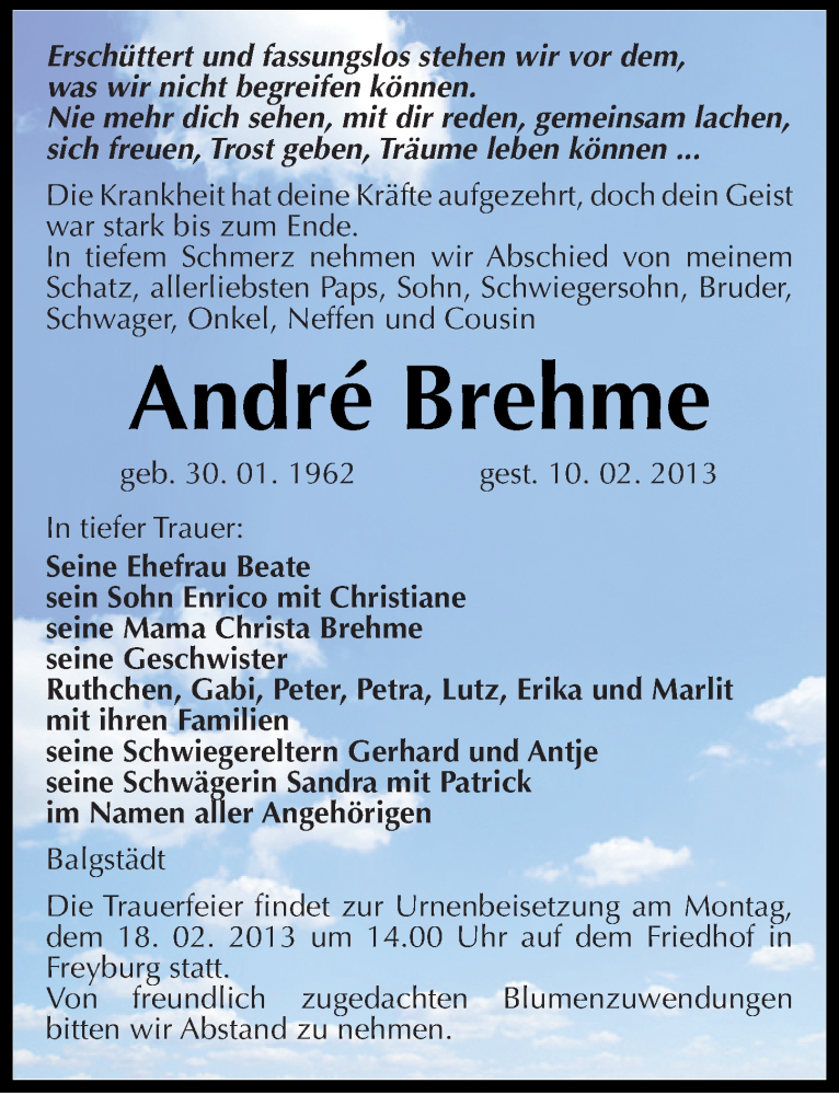  Traueranzeige für André Brehme vom 14.02.2013 aus Mitteldeutsche Zeitung Naumburg/Nebra