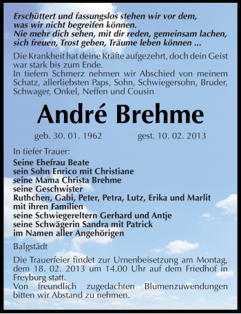 Traueranzeige von André Brehme von Mitteldeutsche Zeitung Naumburg/Nebra