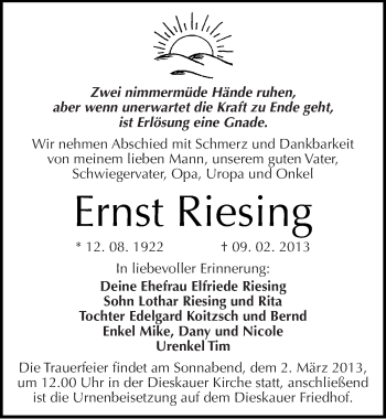 Traueranzeige von Ernst Riesing von Mitteldeutsche Zeitung Halle/Saalkreis