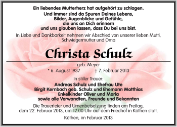 Traueranzeige von Christa Schulz von Mitteldeutsche Zeitung Köthen