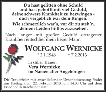 Traueranzeige von Wolfgang Wernicke von Mitteldeutsche Zeitung Halle/Saalkreis