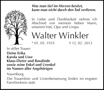 Traueranzeige von Walter Winkler von Mitteldeutsche Zeitung Naumburg/Nebra