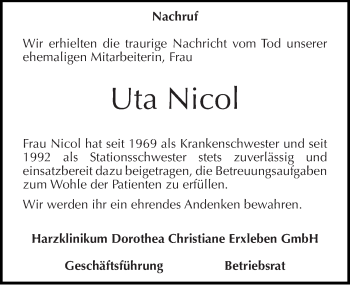 Traueranzeige von Uta Nicol von Mitteldeutsche Zeitung Quedlinburg