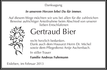 Traueranzeige von Gertraud Bier von Mitteldeutsche Zeitung Mansfelder Land