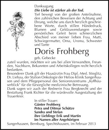 Traueranzeige von Doris Frohberg von Mitteldeutsche Zeitung Bernburg