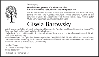 Traueranzeige von Gisela Barowsky von Mitteldeutsche Zeitung Mansfelder Land