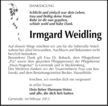 Traueranzeige von Irmgard Weidling von Mitteldeutsche Zeitung Quedlinburg