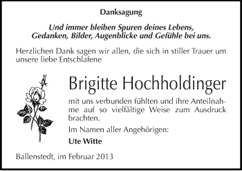 Traueranzeige von Brigitte Hochholdinger von Mitteldeutsche Zeitung Quedlinburg