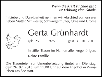 Traueranzeige von Gerta Grünhardt von Mitteldeutsche Zeitung Mansfelder Land
