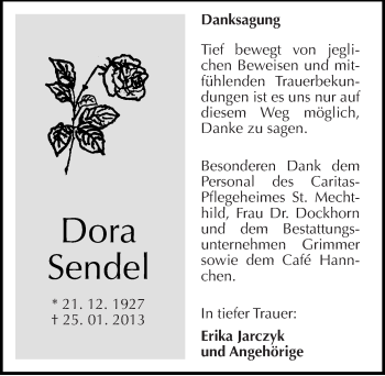 Traueranzeige von Dora Sendel von Mitteldeutsche Zeitung Mansfelder Land