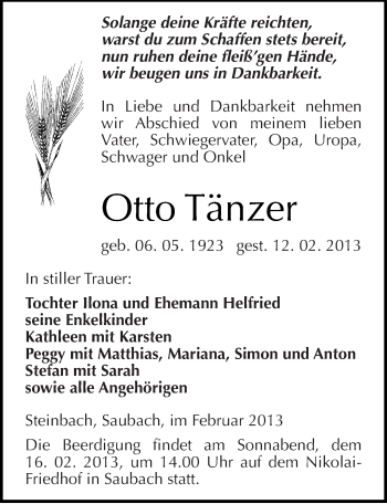 Traueranzeige von Otto Tänzer von Mitteldeutsche Zeitung Naumburg/Nebra
