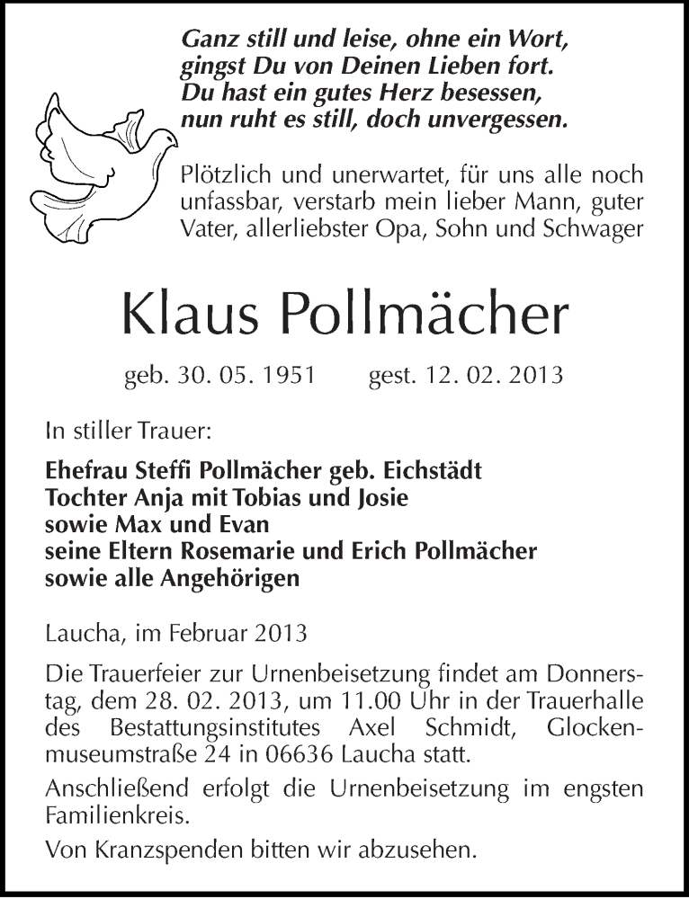  Traueranzeige für Klaus Pollmächer vom 15.02.2013 aus Mitteldeutsche Zeitung Naumburg/Nebra