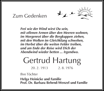 Traueranzeige von Gertrud Hartung von Mitteldeutsche Zeitung Quedlinburg