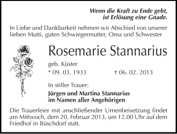 Traueranzeige von Rosemarie Stannarius von Mitteldeutsche Zeitung Halle/Saalkreis