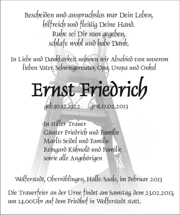 Traueranzeige von Ernst Friedrich von Mitteldeutsche Zeitung Sangerhausen