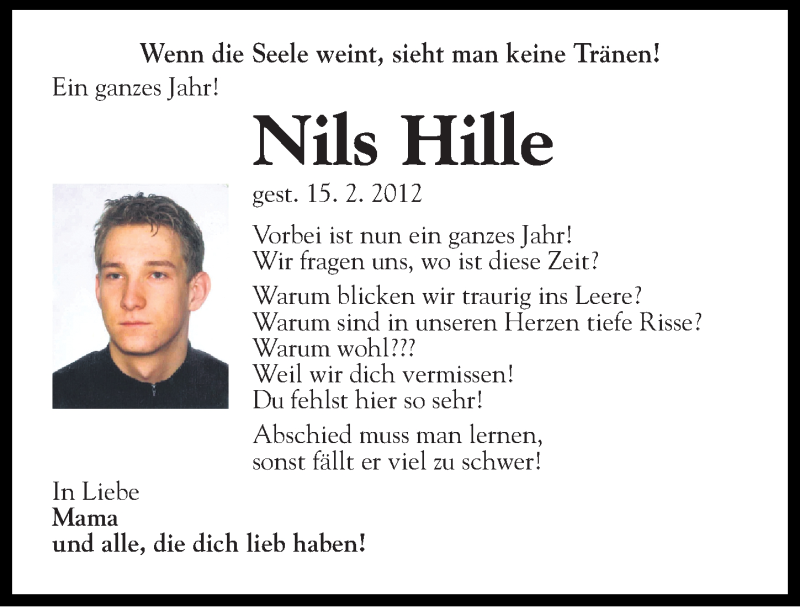  Traueranzeige für Nils Hille vom 15.02.2013 aus Mitteldeutsche Zeitung Quedlinburg