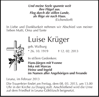 Traueranzeige von Luise Krüger von Mitteldeutsche Zeitung Merseburg/Querfurt
