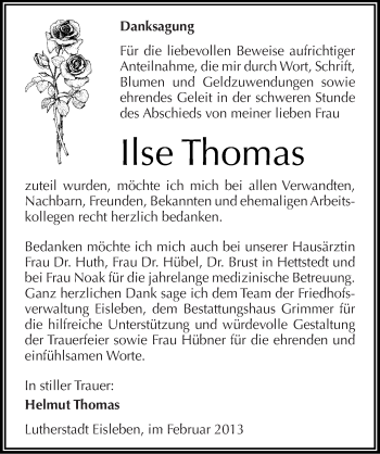 Traueranzeige von Ilse Thomas von Mitteldeutsche Zeitung Mansfelder Land