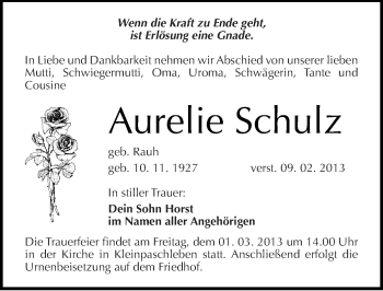 Traueranzeige von Aurelie Schulz von Mitteldeutsche Zeitung Köthen