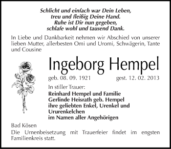 Traueranzeige von Ingeborg Hempel von Mitteldeutsche Zeitung Naumburg/Nebra