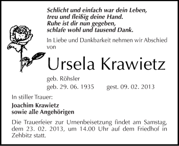 Traueranzeige von Ursela Krawietz von Mitteldeutsche Zeitung Köthen