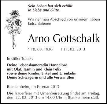 Traueranzeige von Arno Gottschalk von Mitteldeutsche Zeitung Mansfelder Land