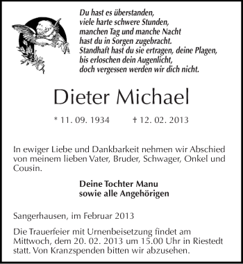 Traueranzeige von Dieter Michael von Mitteldeutsche Zeitung Sangerhausen