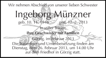 Traueranzeige von Ingeborg Münzner von Mitteldeutsche Zeitung Köthen