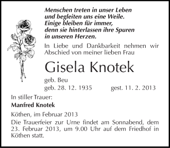 Traueranzeige von Gisela Knotek von Mitteldeutsche Zeitung Köthen