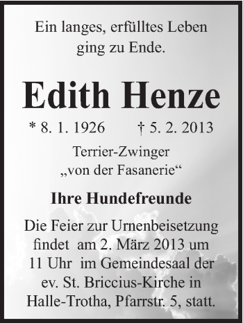 Traueranzeige von Edith Henze von Mitteldeutsche Zeitung Halle/Saalkreis