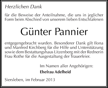 Traueranzeige von Günter Pannier von Mitteldeutsche Zeitung Mansfelder Land