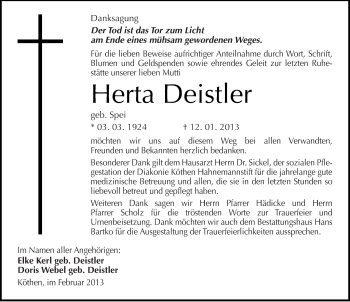 Traueranzeige von Herta Deistler von Mitteldeutsche Zeitung Köthen