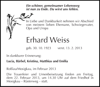 Traueranzeige von Erhard Weiss von Mitteldeutsche Zeitung Dessau-Roßlau