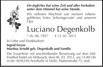 Traueranzeige von Luciano Degenkolb von Mitteldeutsche Zeitung Halle/Saalkreis