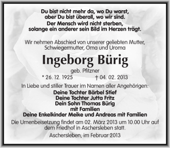 Traueranzeige von Ingeborg Bürig von Mitteldeutsche Zeitung Aschersleben