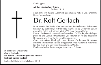 Traueranzeige von Rolf Gerlach von Mitteldeutsche Zeitung Mansfelder Land