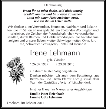Traueranzeige von Irene Lehmann von Mitteldeutsche Zeitung Mansfelder Land