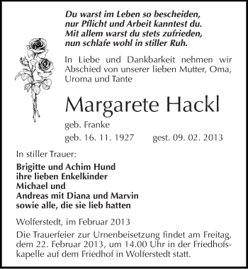 Traueranzeige von Margarete Hackl von Mitteldeutsche Zeitung Sangerhausen