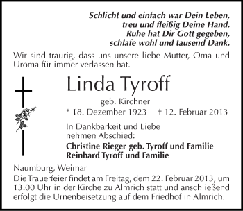 Traueranzeige von Linda Tyroff von Mitteldeutsche Zeitung Naumburg/Nebra