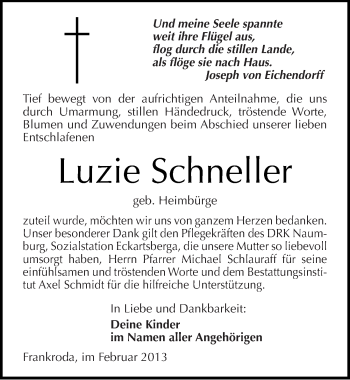 Traueranzeige von Luzie Schneller von Mitteldeutsche Zeitung Naumburg/Nebra