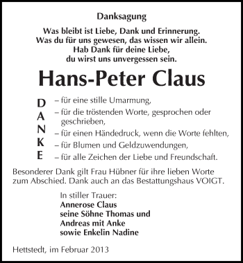Traueranzeige von Hans-Peter Claus von Mitteldeutsche Zeitung Mansfelder Land